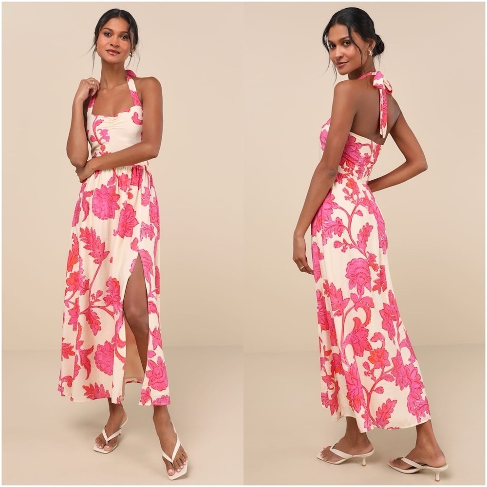 LULU’S Layton Pink And Cream Floral Halter Maxi Dress